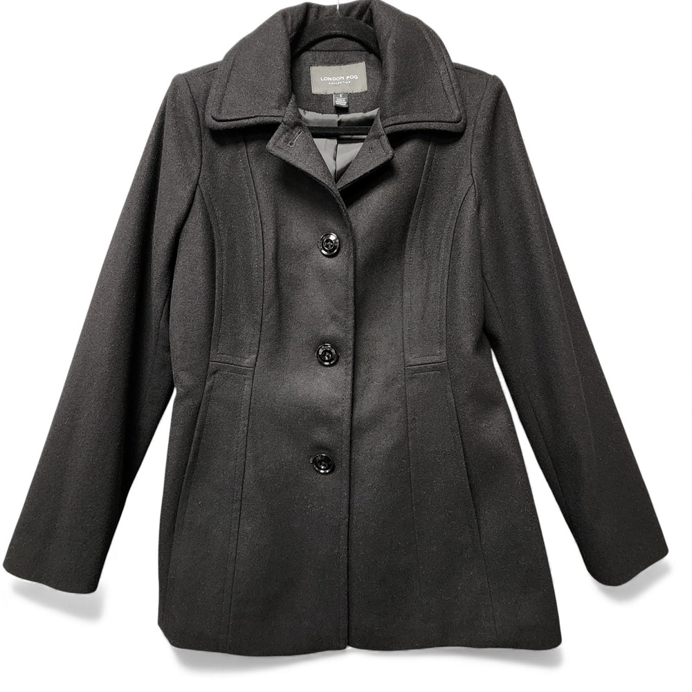 London Fog Collection Pea Coat Womens Size Small Black Wool Blend Lined Preppy